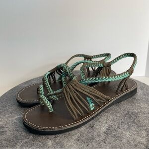 Plaka Brown Teal Blue Strappy Sandals Shoes 6